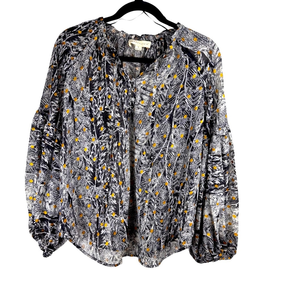Love stitch‎ long sleeve bohemian boho peasant blouse  gold metallic print Sz S